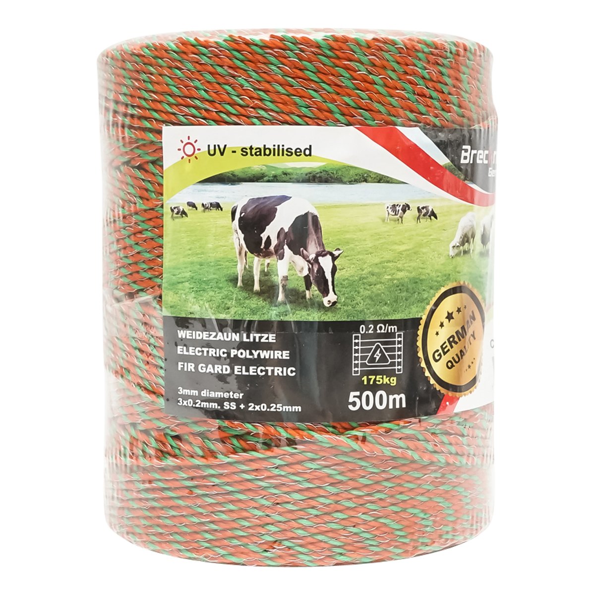 Rola fir portocaliu-verde fi 3 mm 3x0.2mm SS + 2x0.25mm CU, 500m gard electric Breckner Germany